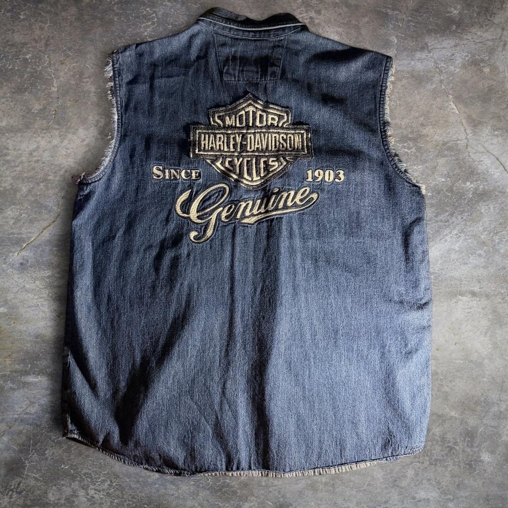 Harley-Davidson Denim Biker Vest XL Embroidered Motorcycle Cut Off Jean Shirt